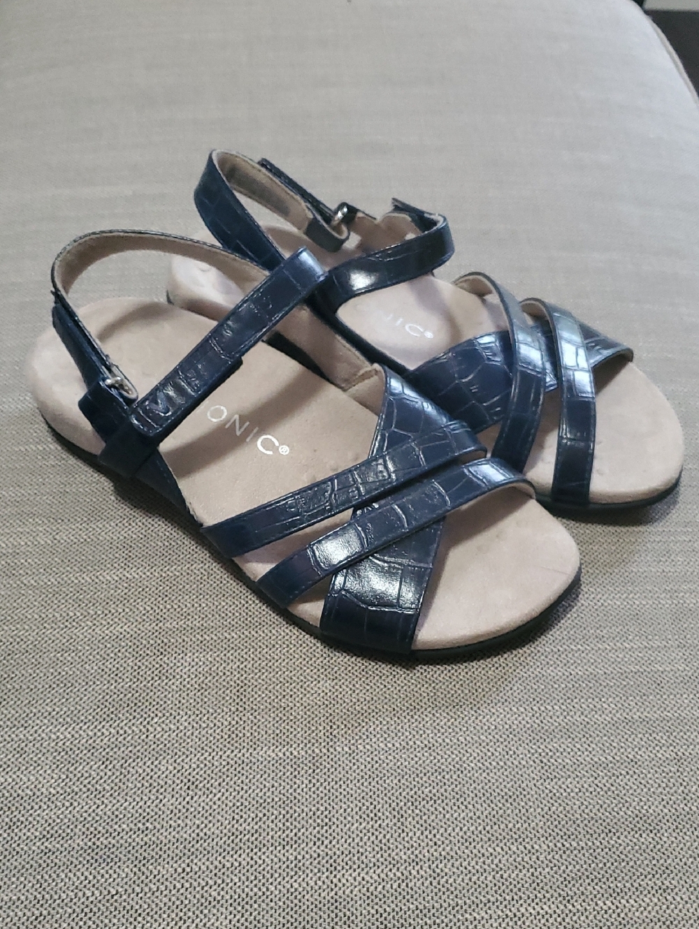 Vionic Mirabi Navy Croc-Texture Strappy Slingback Sandals